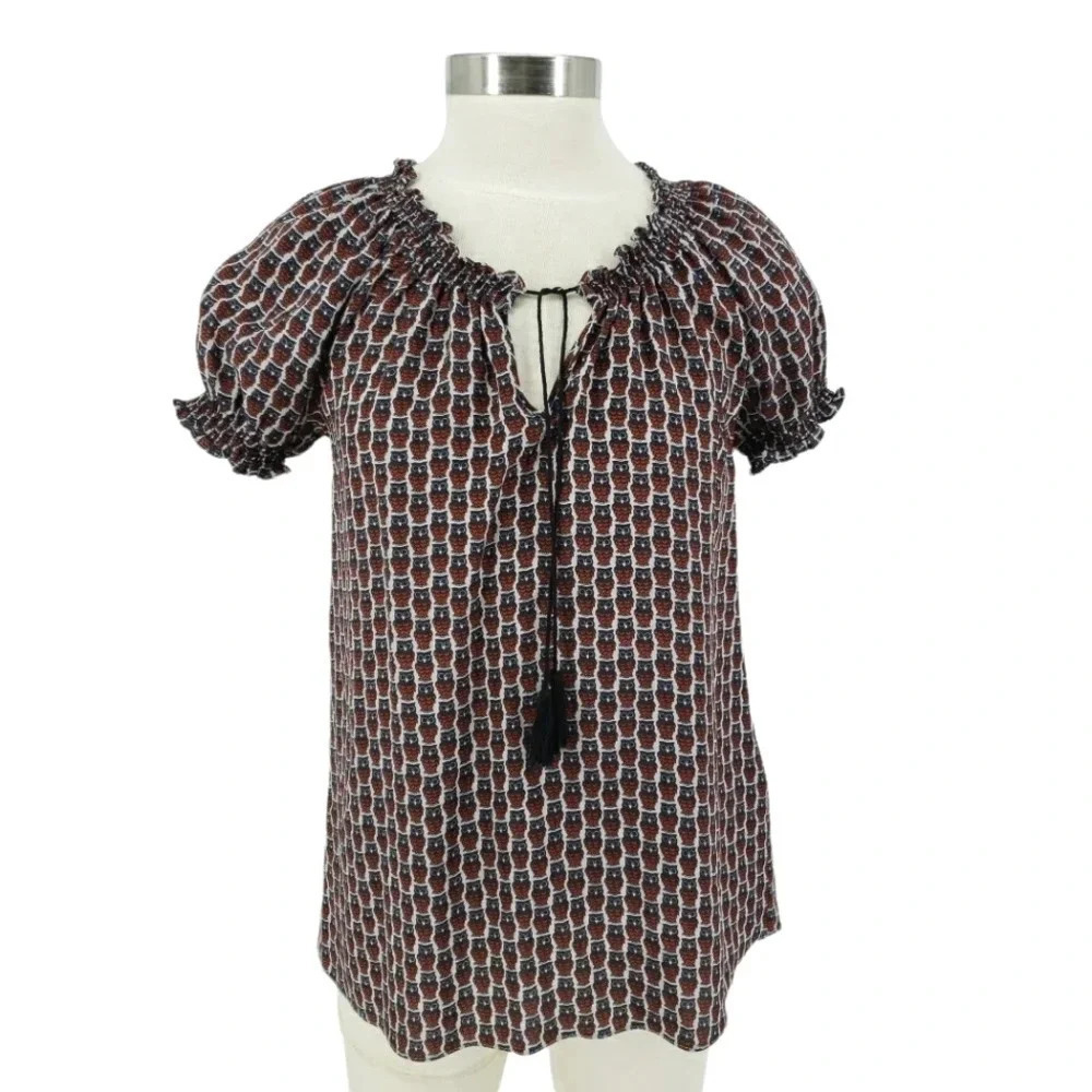 JOIE Masha Blouse Silk Owl Print Short Sleeve Keyhole Tassel Peasant Boho Top